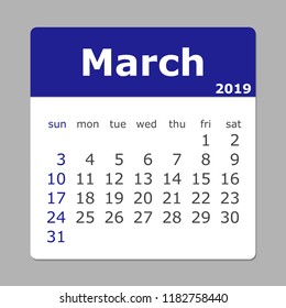 March 2019 calendar. Week starts sunday.  Layers grouped for easy editing illustration. For your design.