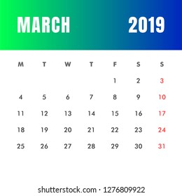 March 2019, Calendar 2019, Week starts from Monday, Holiday event planner. Modern calendar vector design. Desk Calendar illustration - Vector