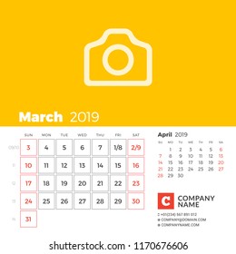 March 2019. Calendar for 2019 year. Week starts on Sunday. 2 months on page. Vector design print template with place for photo and company information