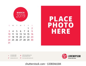 March 2019. Desk calendar design template with place for photo. Week starts on Sunday. Vector illustration