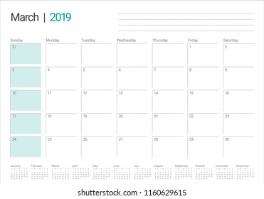 March 2019 desk calendar vector illustration, simple and clean design.