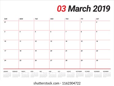 March 2019 desk calendar vector illustration, simple and clean design.
