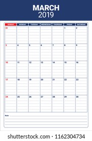 March 2019 desk calendar vector illustration, simple and clean design.