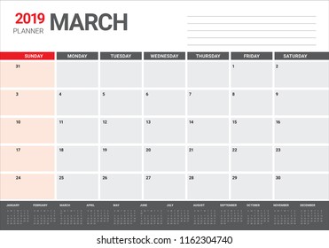 March 2019 desk calendar vector illustration, simple and clean design.