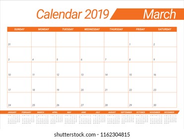 March 2019 desk calendar vector illustration, simple and clean design.