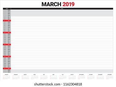 March 2019 desk calendar vector illustration, simple and clean design.