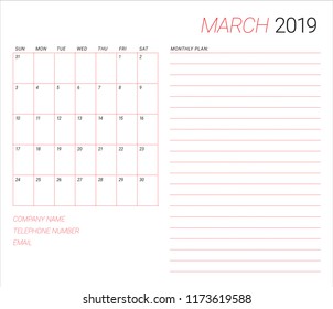 March 2019 desk calendar vector illustration, simple and clean design. 