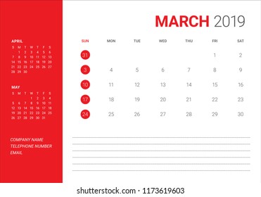 March 2019 desk calendar vector illustration, simple and clean design. 