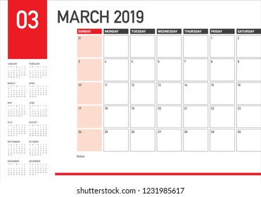 March 2019 desk calendar vector illustration, simple and clean design.