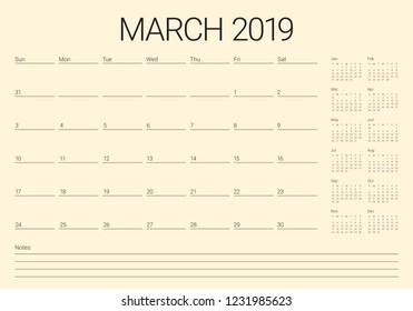 March 2019 desk calendar vector illustration, simple and clean design.