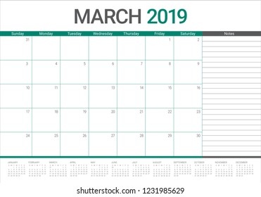 March 2019 desk calendar vector illustration, simple and clean design.