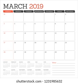 March 2019 desk calendar vector illustration, simple and clean design.