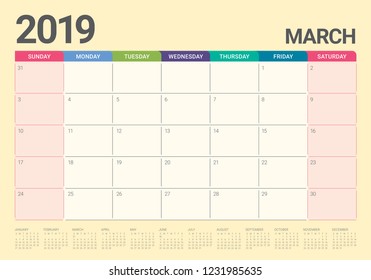 March 2019 desk calendar vector illustration, simple and clean design.