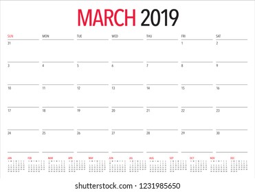 March 2019 desk calendar vector illustration, simple and clean design.