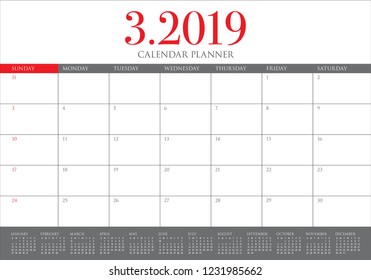 March 2019 desk calendar vector illustration, simple and clean design.