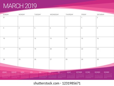 March 2019 desk calendar vector illustration, simple and clean design.