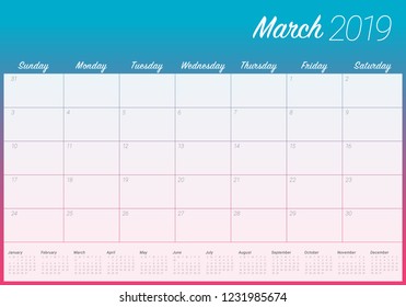 March 2019 desk calendar vector illustration, simple and clean design.