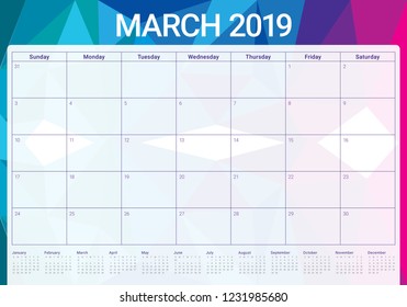 March 2019 desk calendar vector illustration, simple and clean design.
