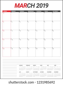 March 2019 desk calendar vector illustration, simple and clean design.