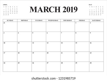 March 2019 desk calendar vector illustration, simple and clean design.