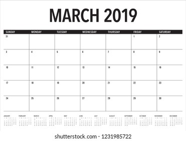 March 2019 desk calendar vector illustration, simple and clean design.