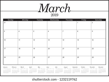 March 2019 desk calendar vector illustration, simple and clean design.