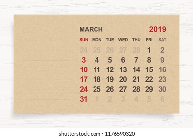 March 2019 - Monthly calendar on brown paper and wood background with area for note. Vector illustration.