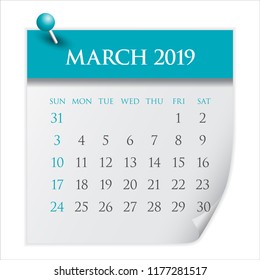 March 2019 monthly calendar vector illustration, simple and clean design. 