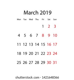 March 2019 vector calendar, new design.