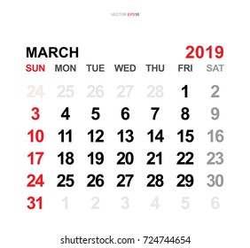 March 2019. Vector monthly calendar template 2019 year in simple style for template design. Week starts from Sunday.