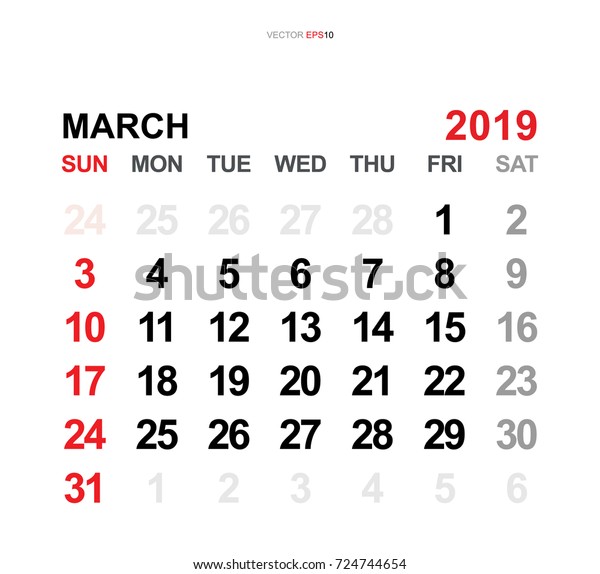 March 2019 Vector Monthly Calendar Template Stock Vector (Royalty Free ...