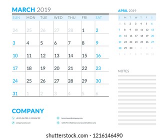 March 2019. Week starts on Sunday. Calendar planner stationery design template. Vector illustration