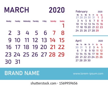 March 2020 Calendar Design. Vector template