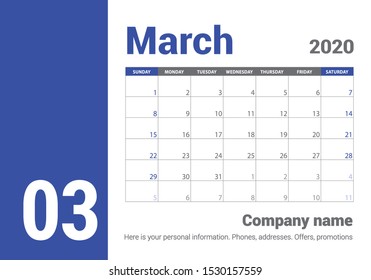 March 2020 calendar. English planner. Сolor vector template. Week starts on Sunday. Business planning. Clean minimal table. Simple design