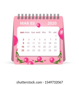 March 2020 Calendar with pink balloons. Calendar isolated on white background. Vector illustration template