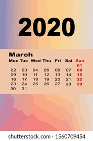 March 2020 calendar. Calendar planner design template. Week starts 
from sunday.  Business vector illustration. Planner, stationery, printing