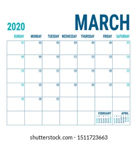 March 2020. Calendar planner. English calender template. Vector square grid. Office business planning. Creative design. Blue color