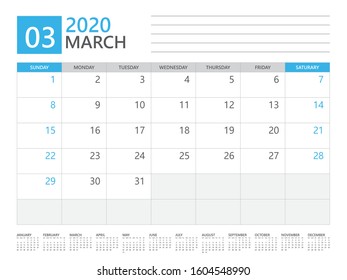 MARCH 2020 calendar planner set for template corporate design week start on Sunday. desk calendar 2020 design, simple and clean design, 12 months yearly calendar set vector layout