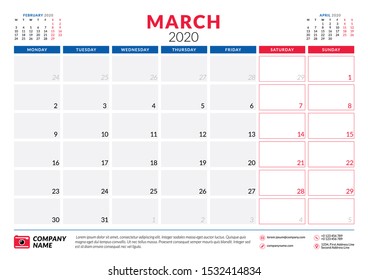 March 2020. Calendar planner stationery design template. Vector illustration. Week starts on Monday