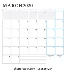 March 2020. Calendar planner stationery design template. Vector illustration. Week starts on Monday