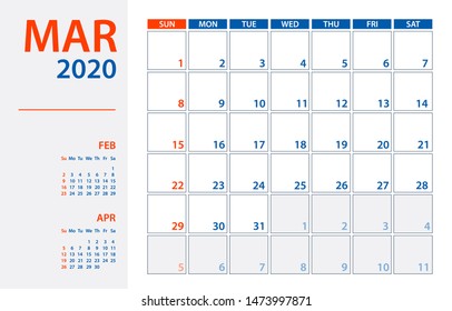 March 2020 Calendar Planner - vector illustration. Template. Mock up.