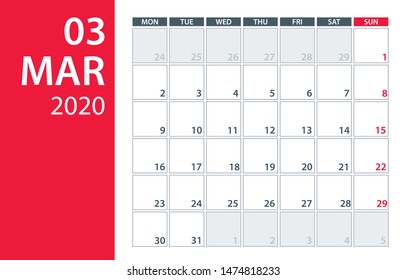March 2020 Calendar Planner - vector illustration. Template. Mock up.