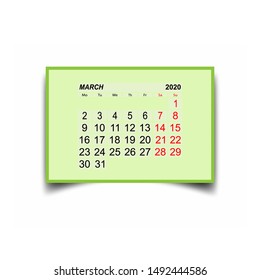 March 2020. A calendar sheet with two days off per week.