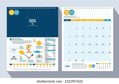 March : 2020 Calendar Template_ Super Brain Food with Nutrition Facts : Vector Illustration