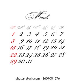 March 2020 Calendar vector with calligraphic font