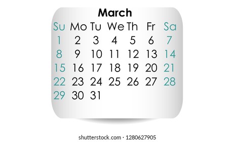 March 2020. Calendar 2020 vector design. Date on the curved stickers 