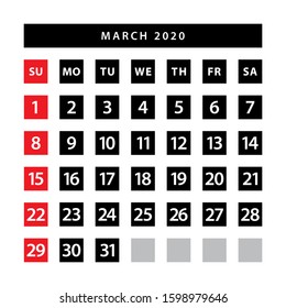 March 2020 calendar vector template