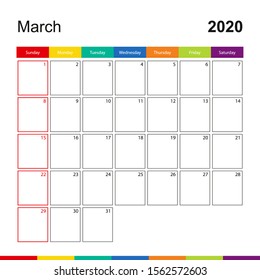 March 2020 Colorful Wall Calendar, Week Starts On Sunday. 2020 Calendar Template.