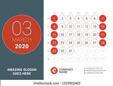 March 2020. Desk Calendar. Design Print Template With Place For Photo. Week Starts On Sunday. Vector Illustration