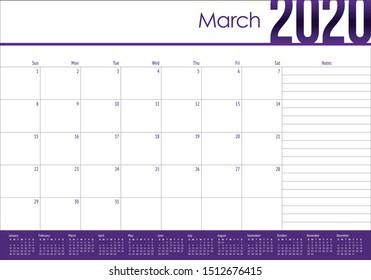 March 2020 desk calendar vector illustration, simple and clean design. 

